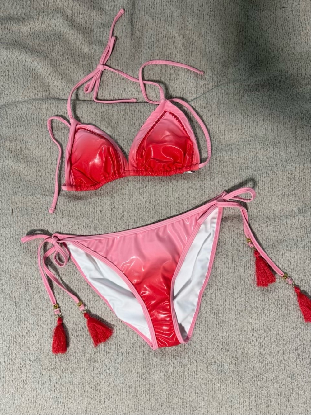 VENUS Pink to Red Gradient Tie-Side Bikini with Tassels